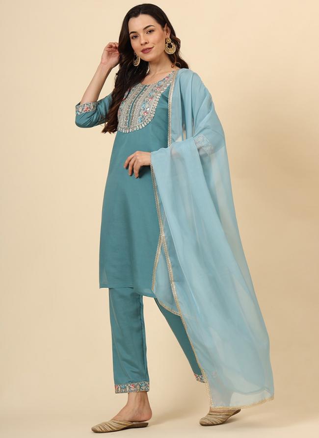 Silk Light Blue Festival Wear Embroidery Work Readymade Kurti Set